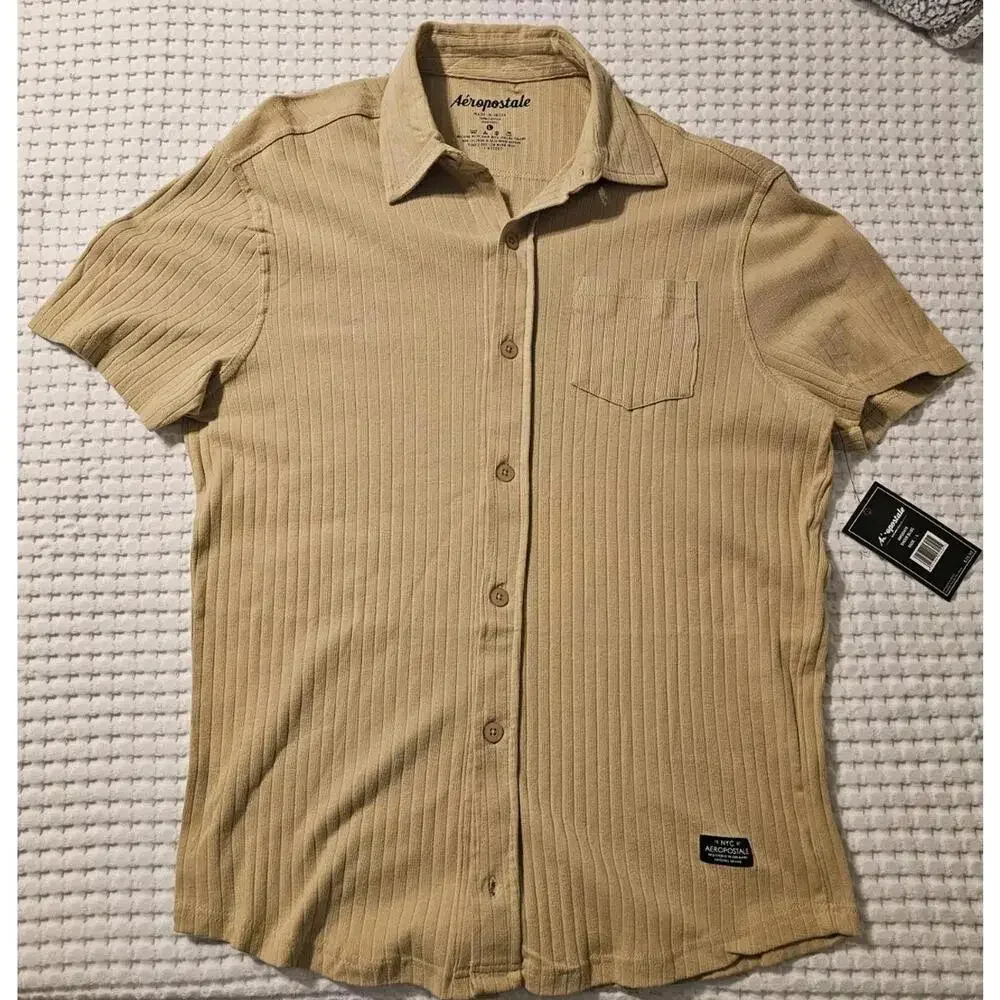 Aeropostale‎ Mens Tan Beige Short Sleeve Button Down Shirt With Pocket Size L